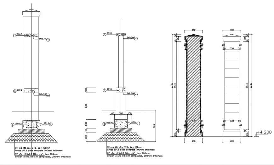 Column design drawing details 2d view elevation dwg file