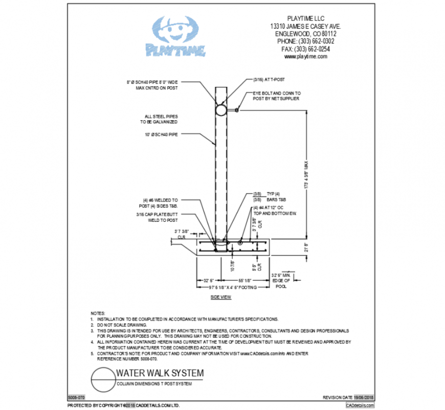Column dimensions details of "T" post system water bridge dwg file