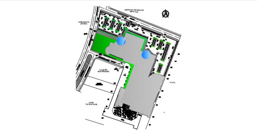 Commercial with shopping center distribution plan with landscaping structure details dwg file