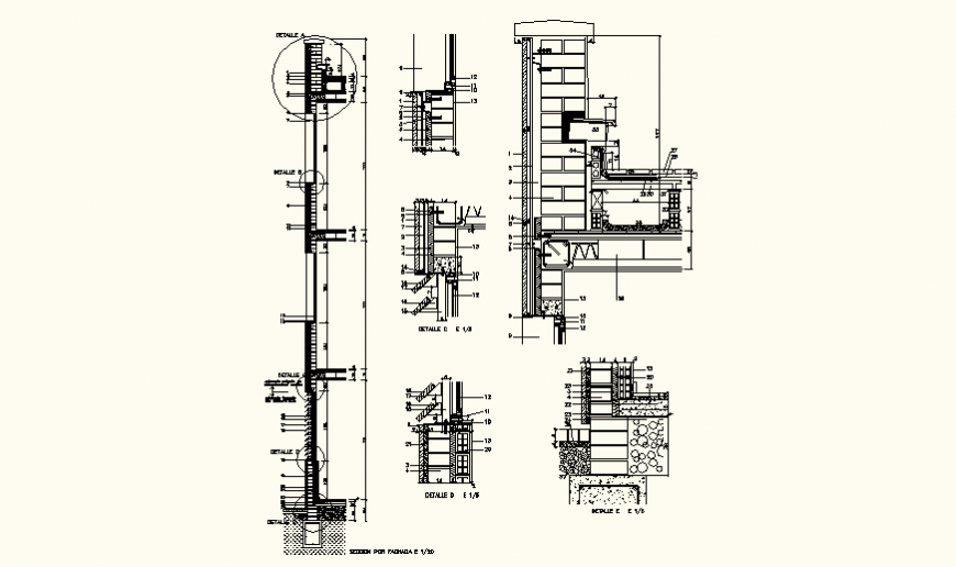 Constructive wall section detail elevation and plan layout file