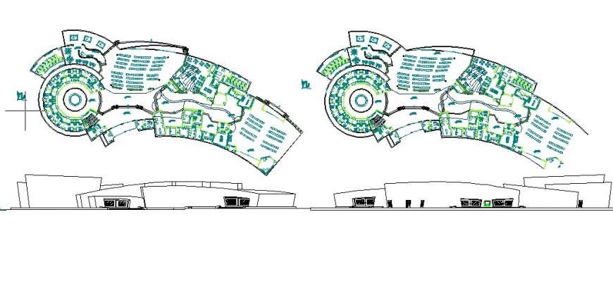 Culture center elevation, first and second floor plan cad drawing details dwg file