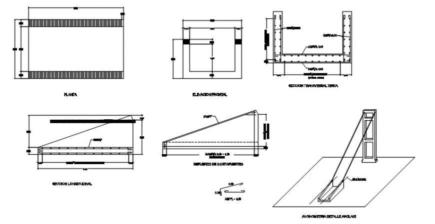 Cut section and construction details of Pedestrian bridge crown break dwg file