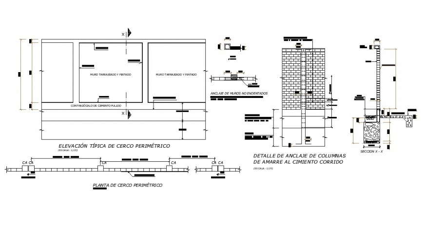 Detail 2d construction block of brick masonry wall and column autocad file