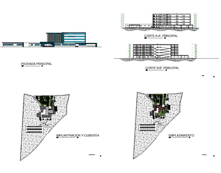 Detail of commerce building plan, elevation and section 2d view dwg file