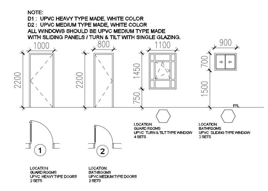 Detail plan and elevation of door and window block 2d view autocad file