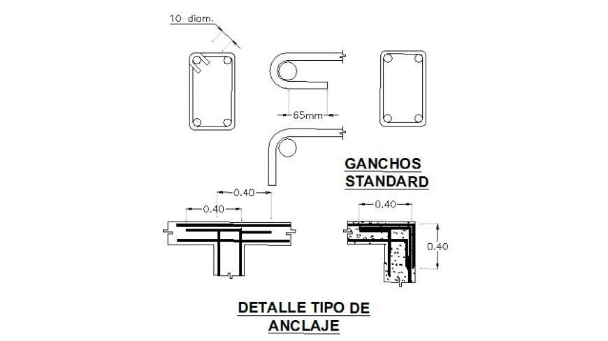 Detail type of anchor and standard hooks section autocad file