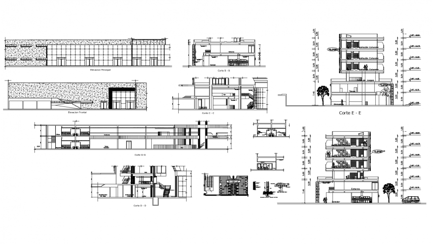 Different axis section view of  hotel in auto cad