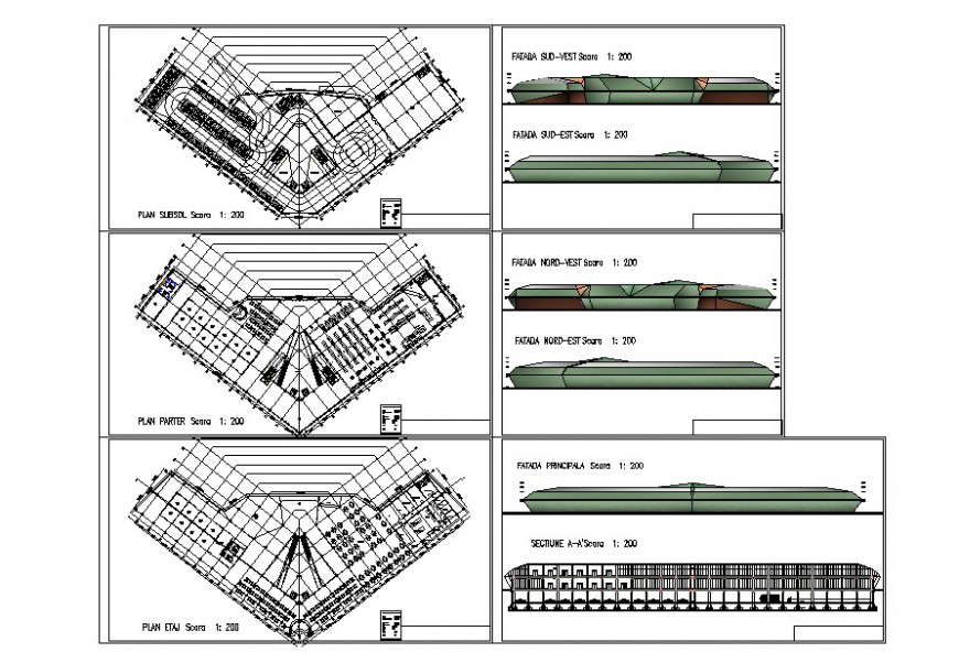 Different floor plan with its elevation for shopping mall in auto cad software