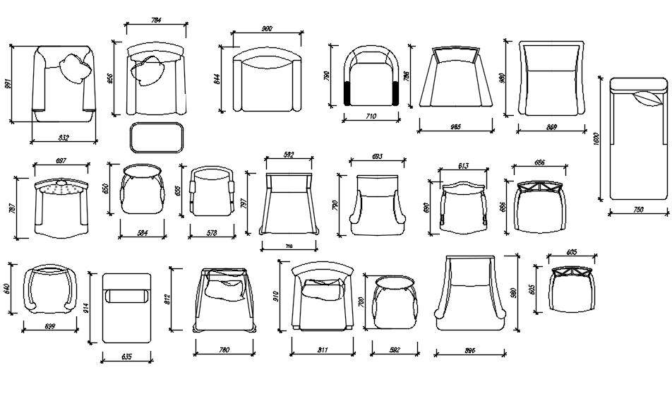 2D CAD Block of Multiple Chair Designs in AutoCAD Format