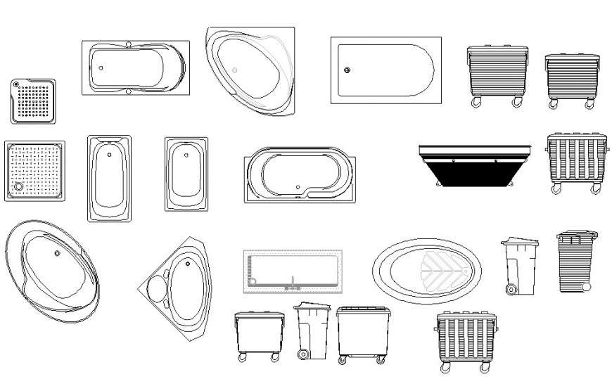 Drawings details of bath-tub 2d view CAD sanitary blocks dwg file