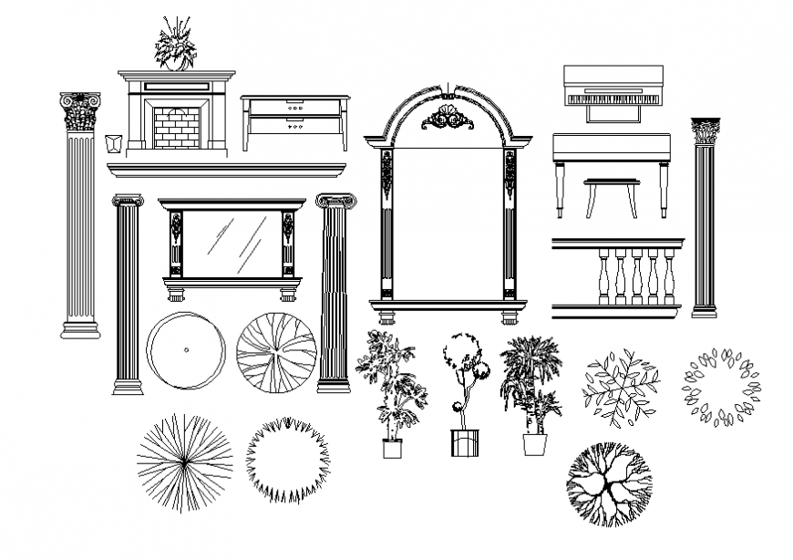 Dynamic garden furniture and tree plants blocks cad drawing details dwg file
