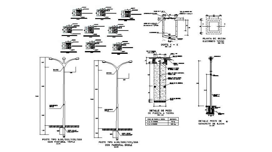 Electrical light pole section, installation and construction cad drawing details dwg file