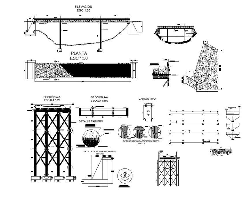 Elevation, plan and sectional detail of bridge structure 2d view autocad file
