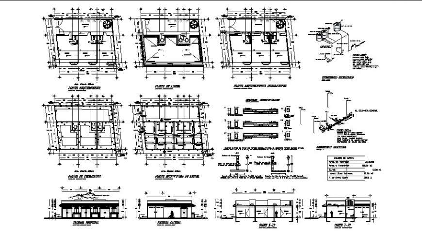 Elevation, plan and sectional detail of store building 2d view layout autocad file