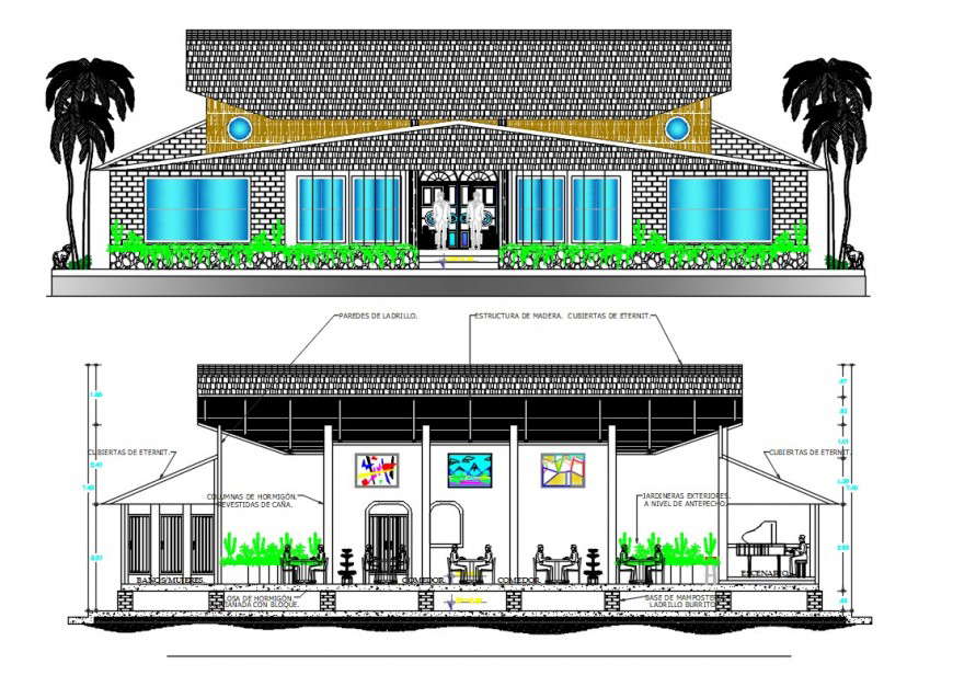 elevation and section plan restaurant project detail cad file