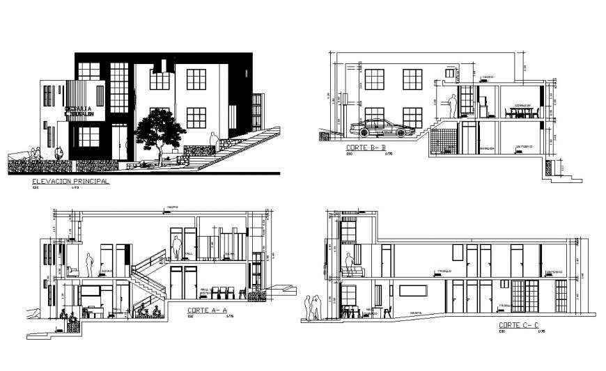 Elevation and section view of police station in auto cad file