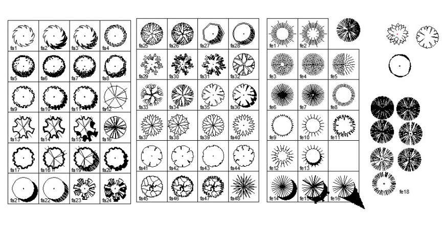 Elevation detail of dynamic landscaping units of trees and plants drawing in dwg format
