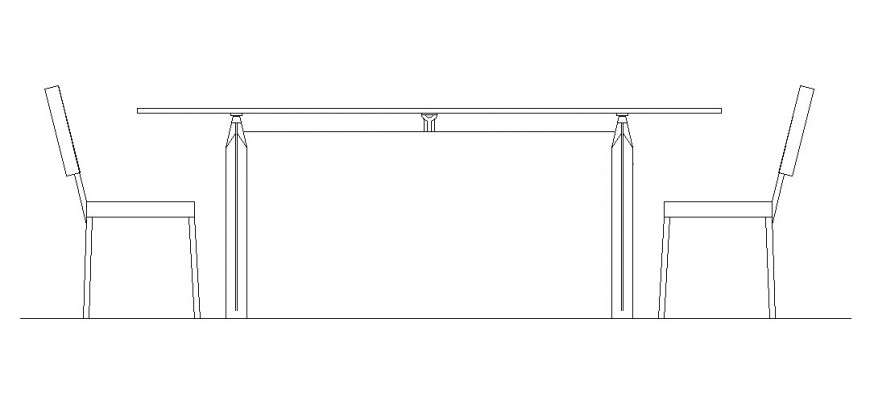 elevation of a rectangular table and 2 chairs.
