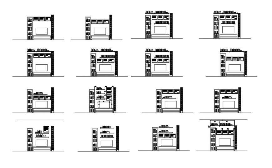Elevation of drawing room furniture units 2d view autocad file