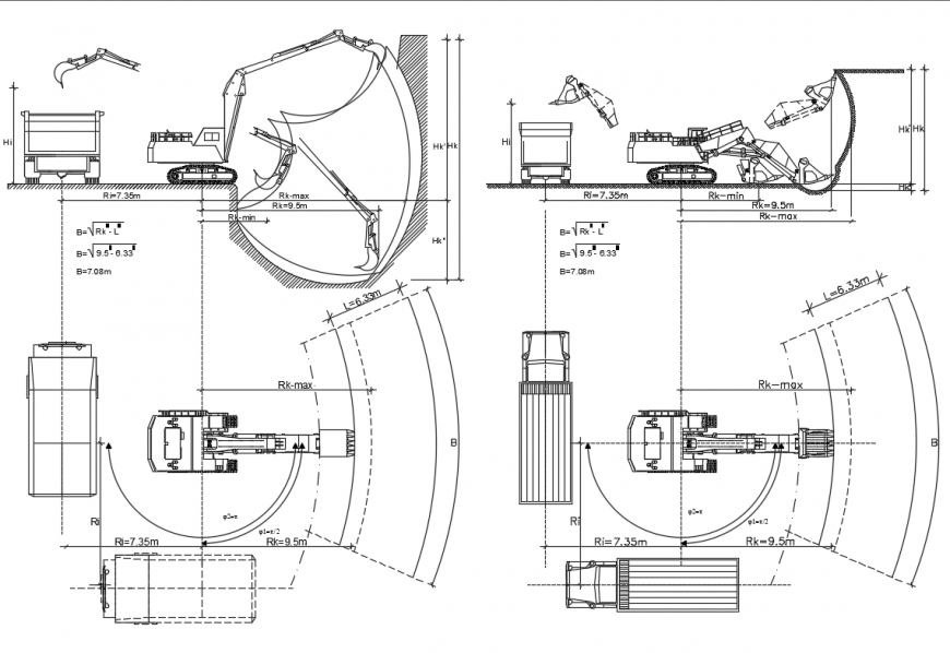 Excavator heavy transportation constructive vehicle cad block details dwg file