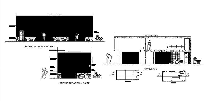 Facade and side elevation and main sectional details of pizzeria restaurant dwg file