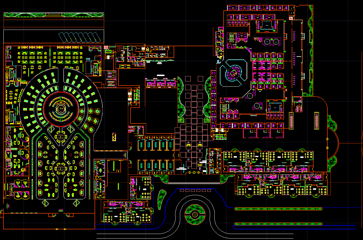 The hotel layout plan is given in this cad file. Download cad file now.