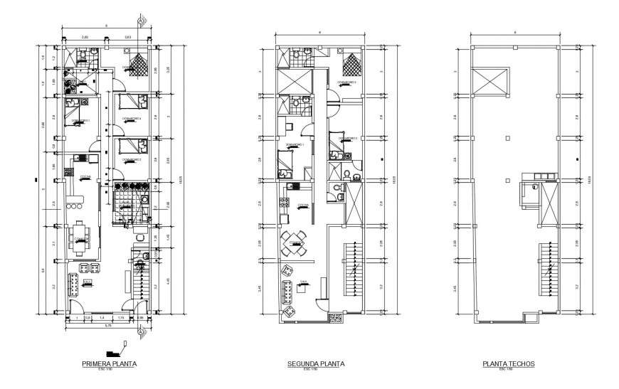 First, second and third floor plan details of three story residential building dwg file