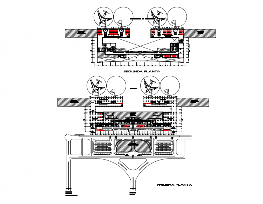 First and second floor layout plan details of international airport dwg file