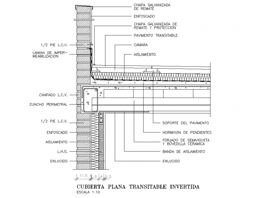 Flat roof reversed section plan dwg file
