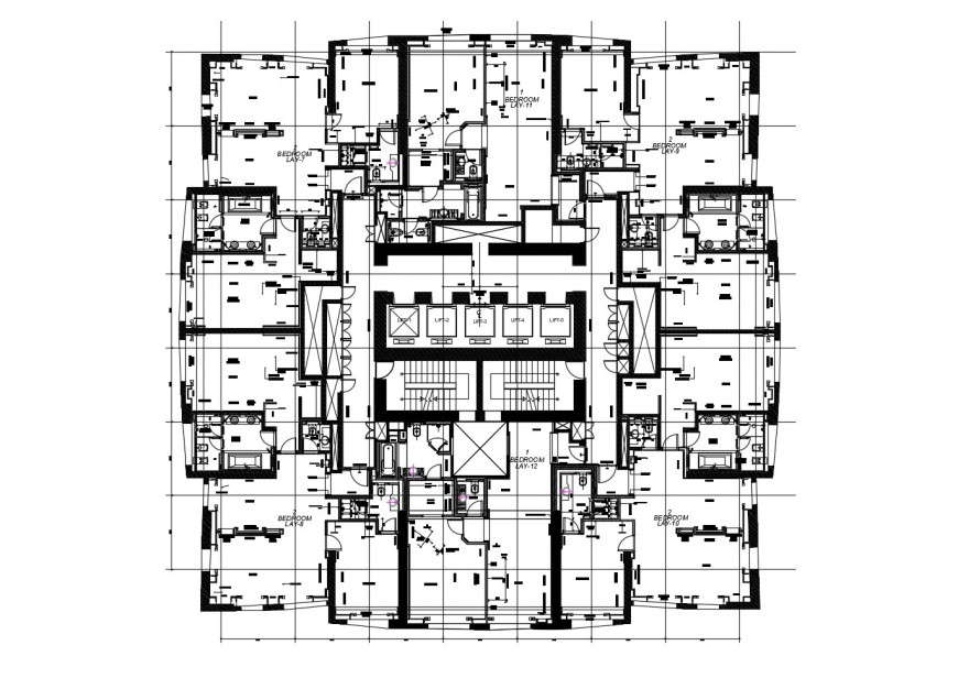 Floor distribution layout plan of apartment building with furniture layout dwg file