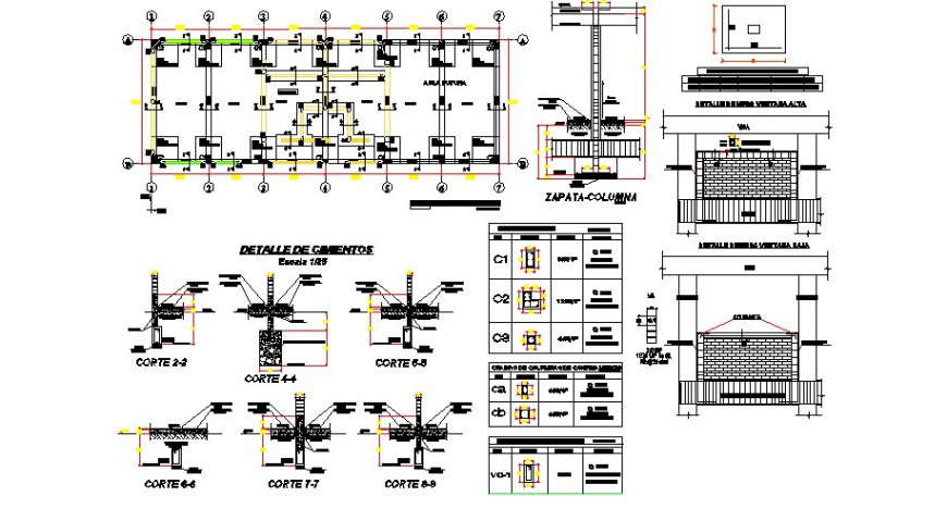 Foundation plan, column and constructive structure details of college building dwg file