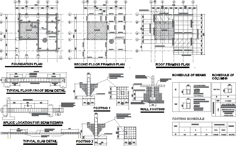 foundation plan with floor framing plan and roof framing plan autocad dwg drawing