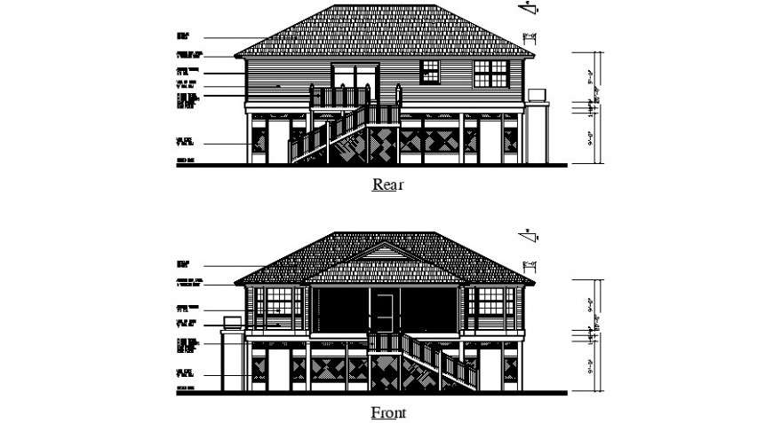 Front and rear elevation details of one family dwg file