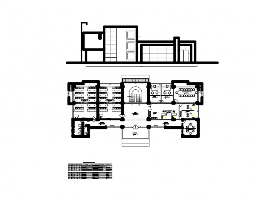 Front elevation and second floor layout plan details of electrical mechanical college dwg file