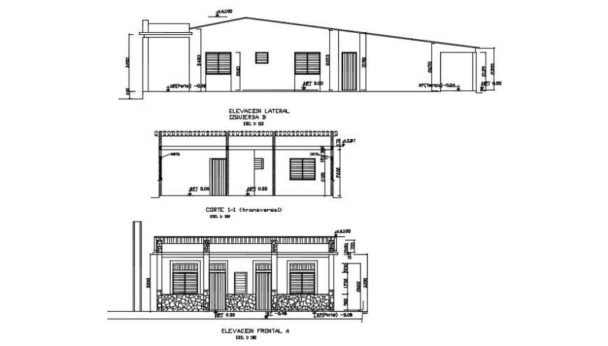Front sectional details  and back view of house 2d detail dwg file