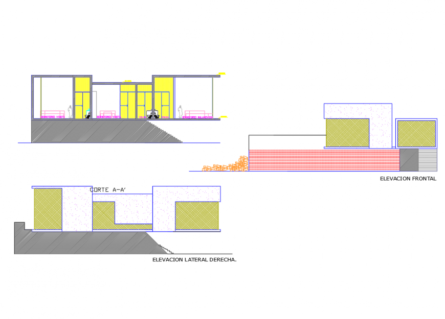 Frontal and lateral elevation details of beach house with facade section dwg file