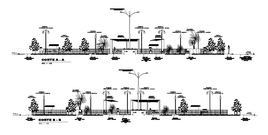 Garden section drawing in dwg file.