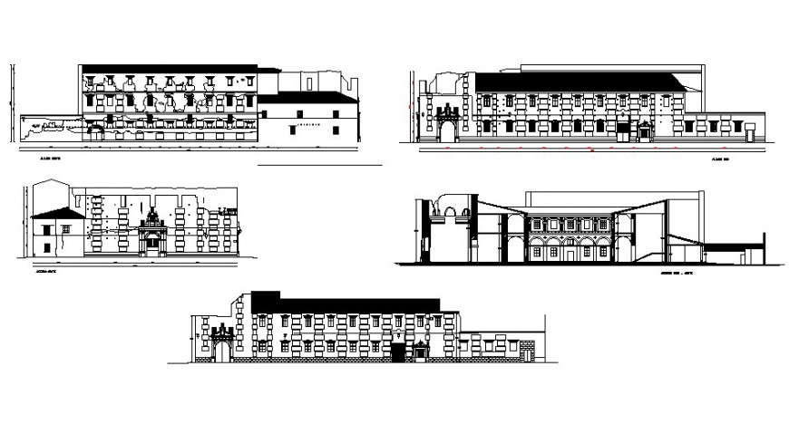 Government museum building all sided elevation and section details dwg file