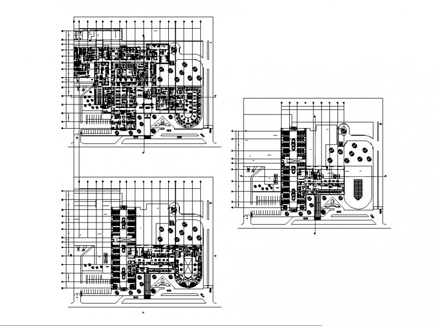 Ground, first and second floor distribution plan details of hospital building dwg file