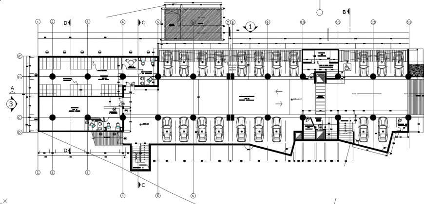 Ground and parking floor distribution plan details for municipality building dwg file