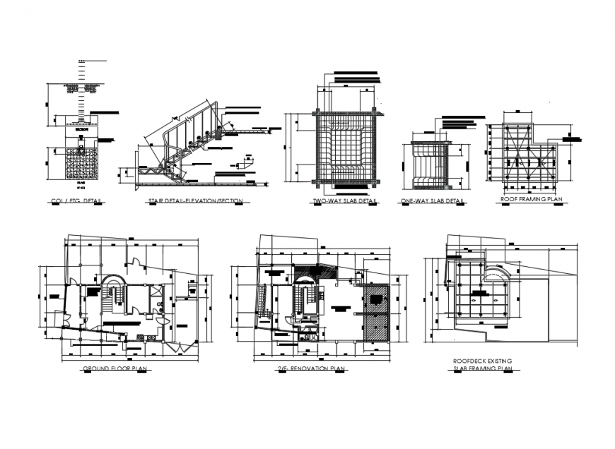 Ground floor with stair details, renovation plan, roof framing details of house dwg file