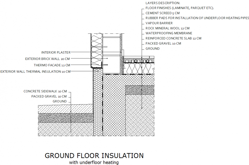Ground floor with underfloor heating-connection with exterior wall dwg file