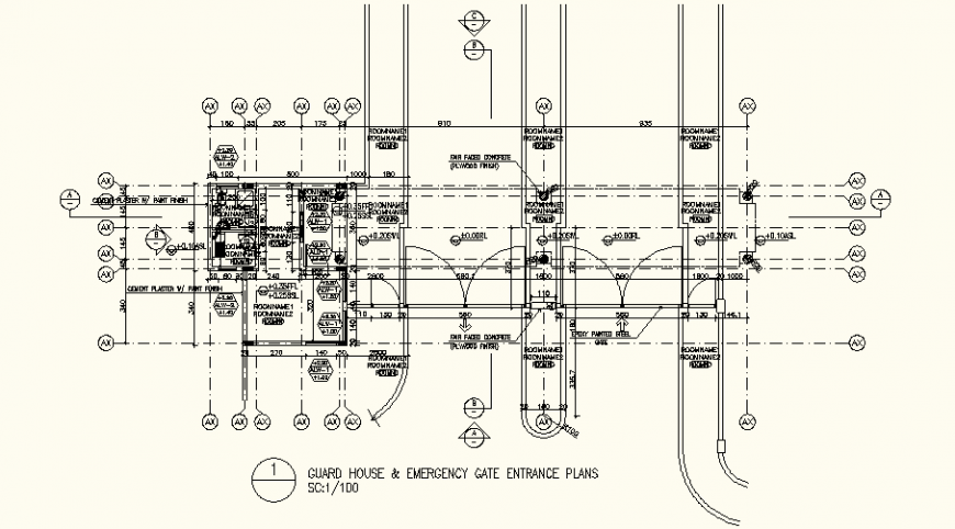 Guard house and emergency gate plan with architectural detail dwg file