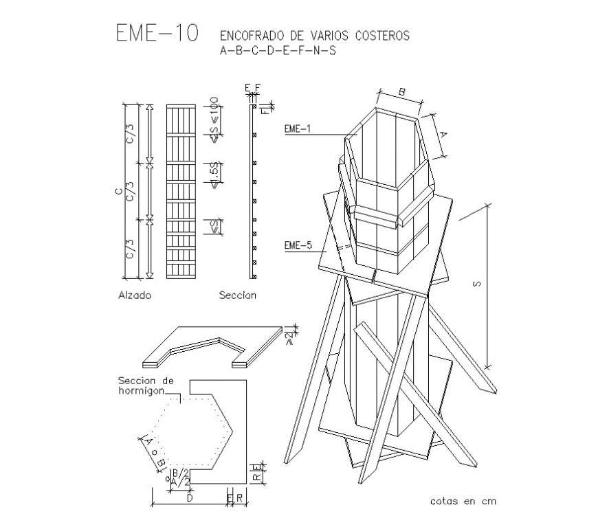 Hexagonal shape form-work detail 2d view CAD structure layout file in dwg format
