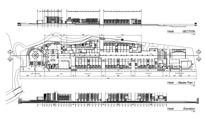 Hotel building master plan, elevation and section autocad file