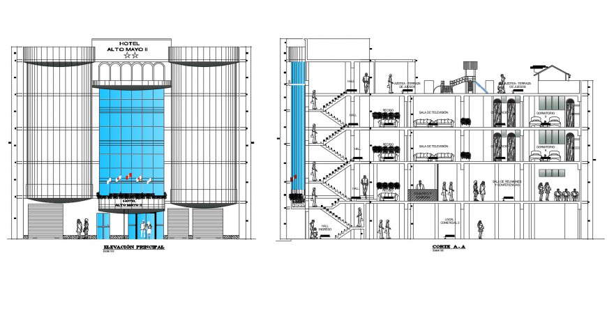 Hotel elevation and section in auto cad software