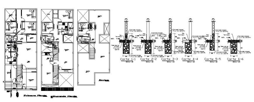 House floor plan distribution and footing section cad drawing details dwg file