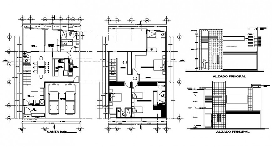 House main and back elevation and floor plan cad drawing details dwg file