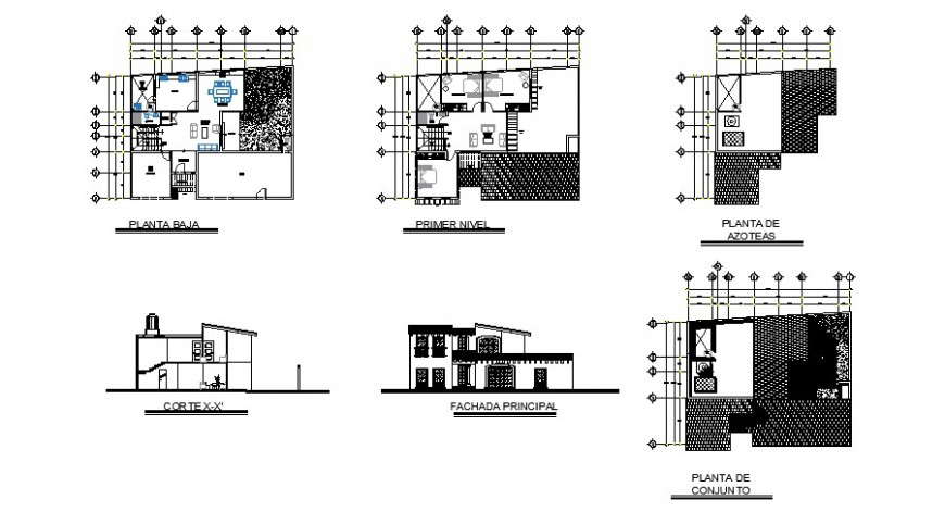 House main elevation, section, floor plan and structure cad drawing details dwg file