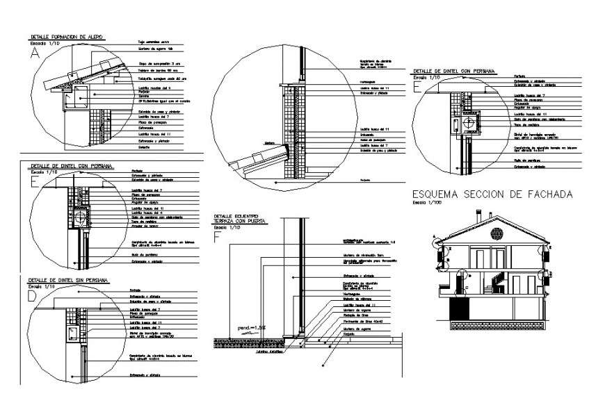 House main section, roof section and constructive structure details dwg file